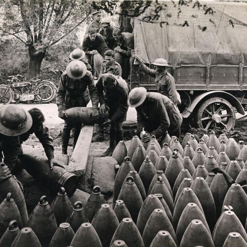 2nd Australian Siege Battery unloading big shells from a motor lorry, Voormezeele, 1917 